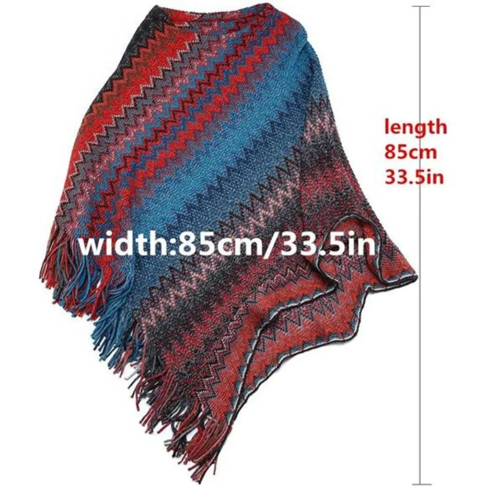 Women's Zig-Zag Knit Tassel Fringed Pullover Poncho Sweater Cape Shawl Wrap - Picture 5 of 7